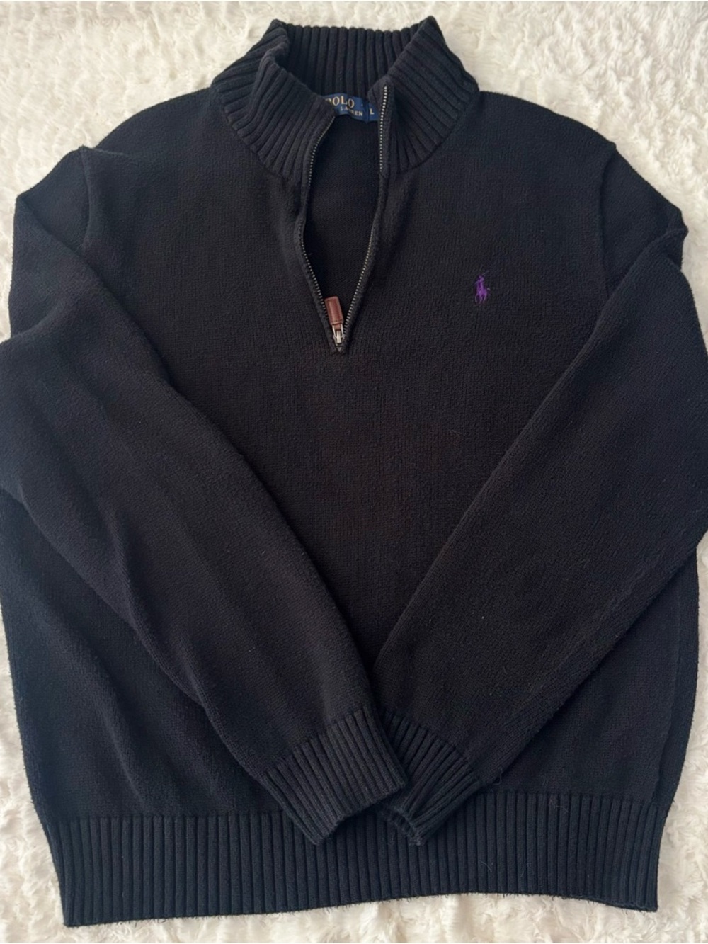 Ralph Lauren Black Quarter-Zip Sweater with Purple Pony